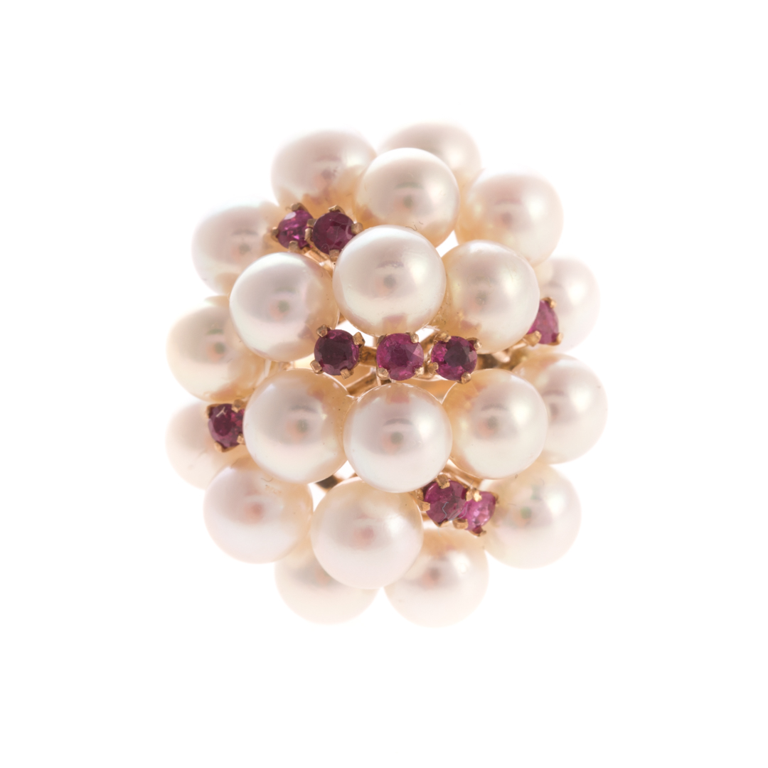 Appraisal: A Lady's Pearl Ruby Cluster Ring in Gold K yellow