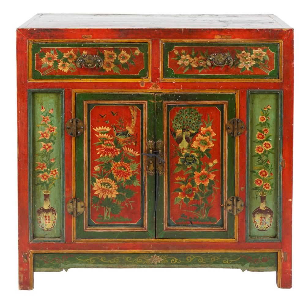 Appraisal: ASIAN PAINTED CABINEThaving two drawers over two hinged doors enclosing