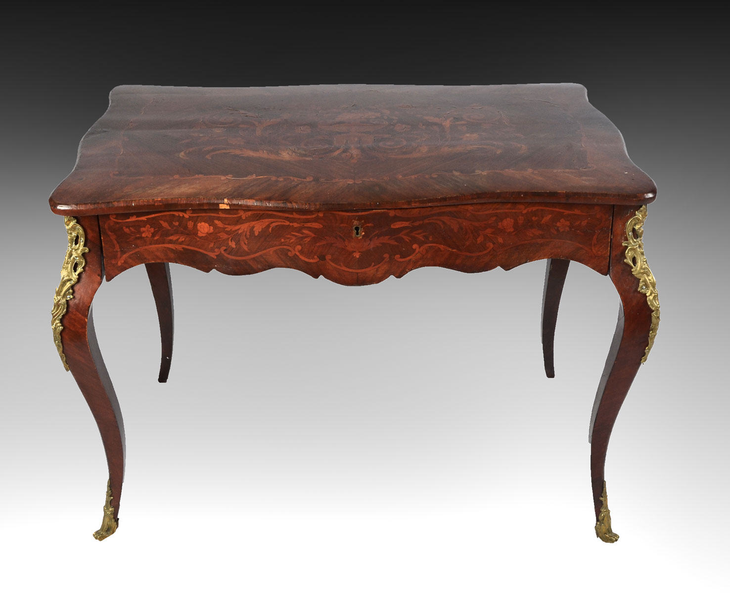 Appraisal: FRENCH METAL MOUNTED DESK French desk having marquetry inlay with