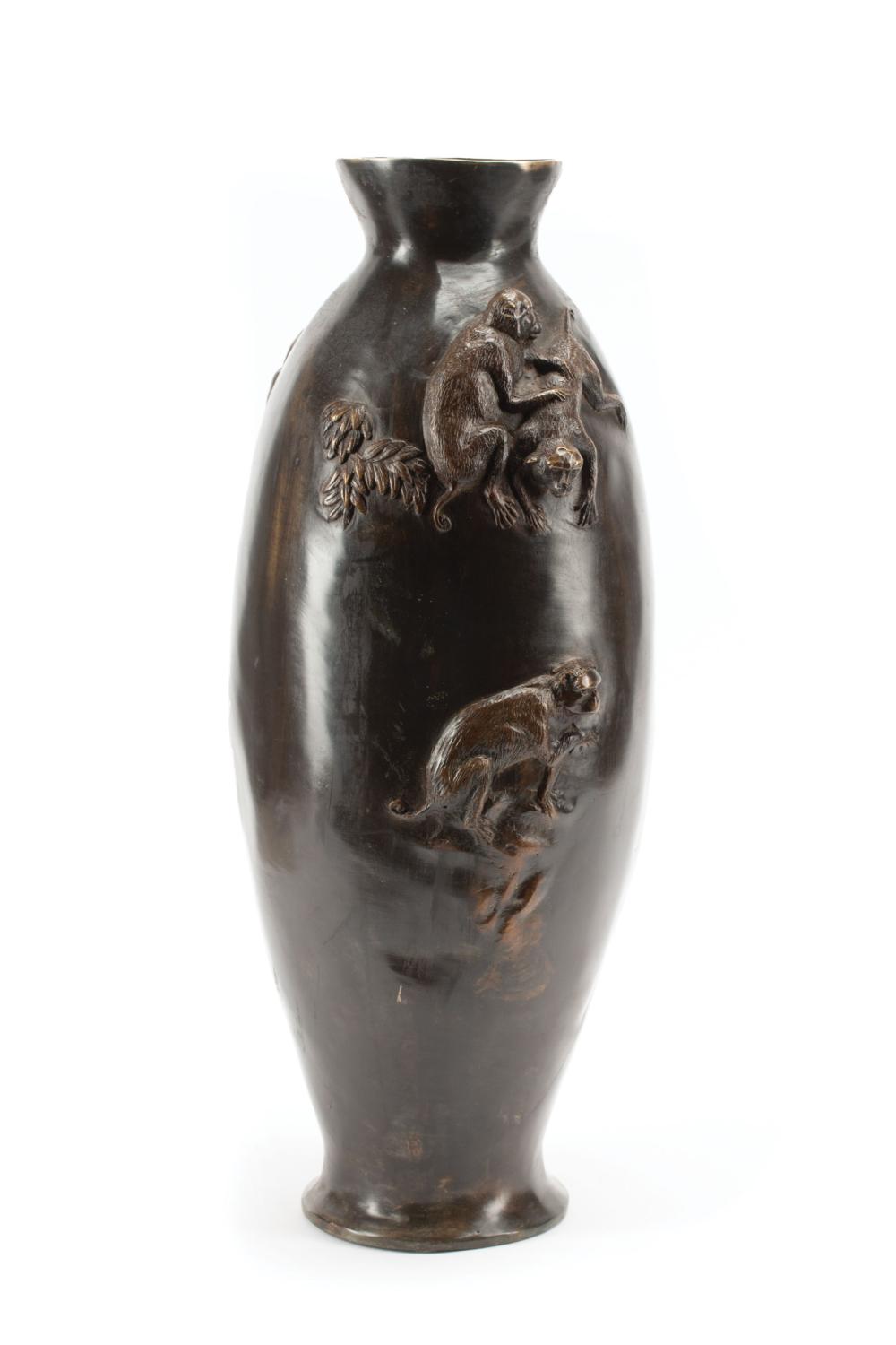 Appraisal: Continental Patinated Bronze Vase th c cast with cavorting monkeys