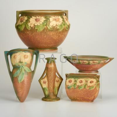 Appraisal: ROSEVILLE Dahlrose five pieces jardiniere pillow and bud vases low