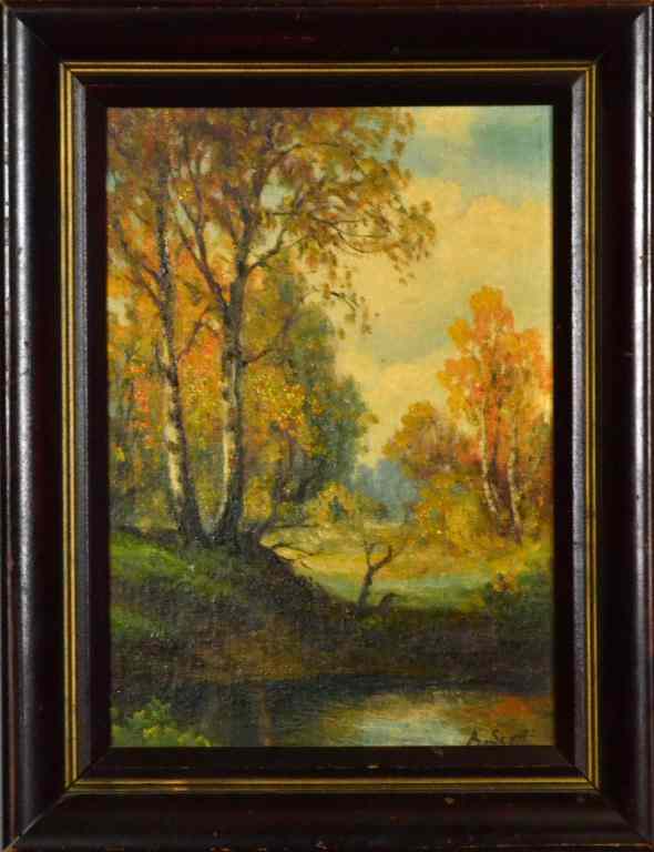 Appraisal: Landscape Oil on Board signed A ScottDepicting a stand of