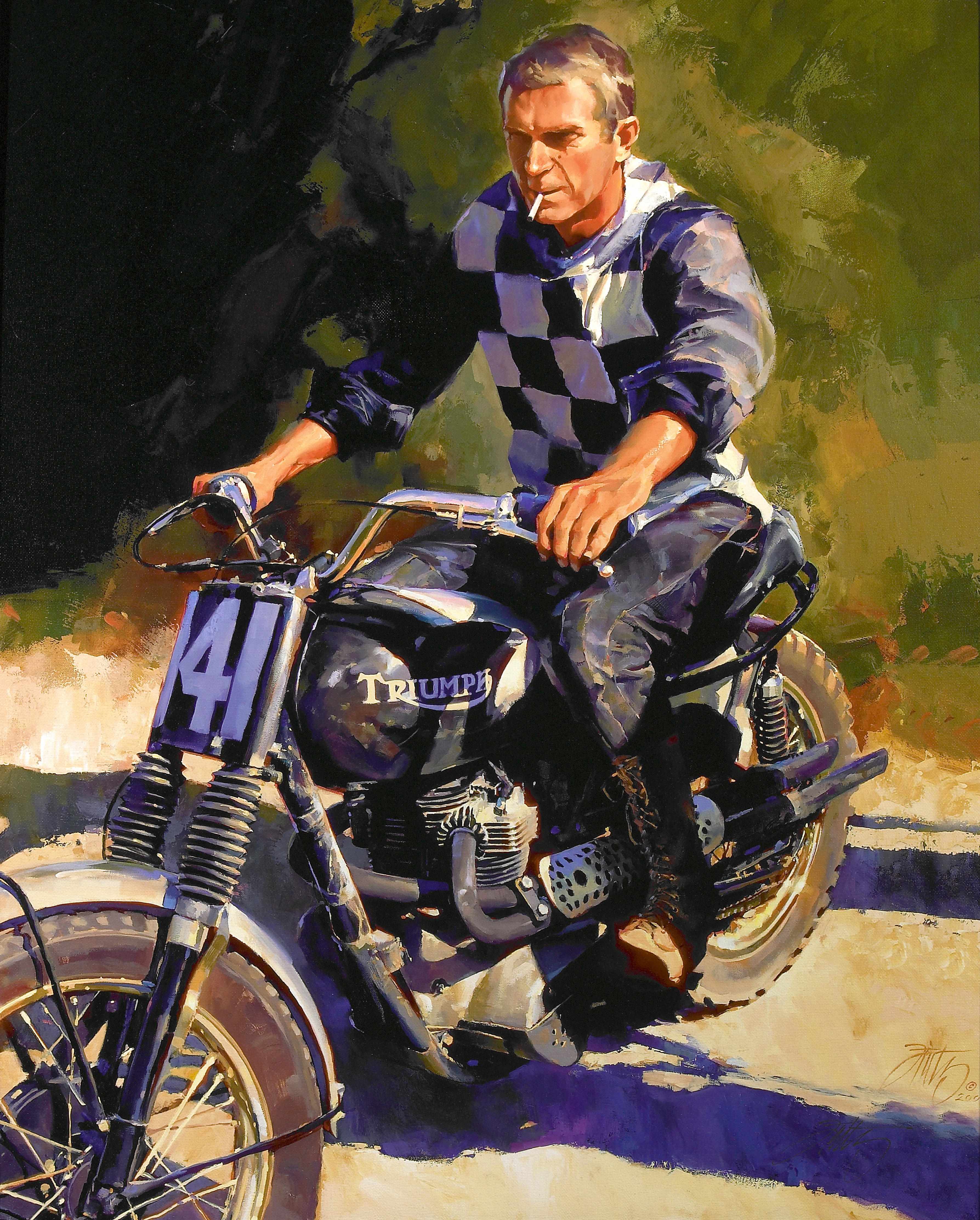 Appraisal: An oil on canvas painting of Steve McQueen on a