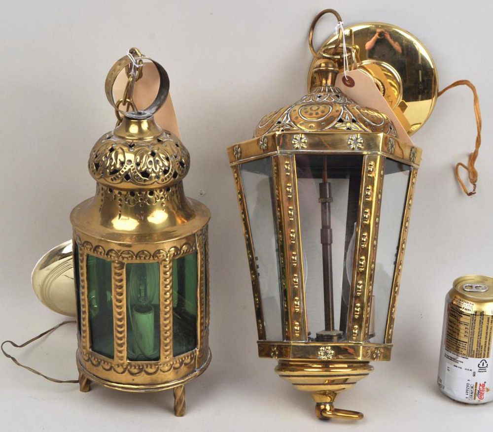 Appraisal: Two Continental Repousse Brass Hanging Lanterns the larger of tapering