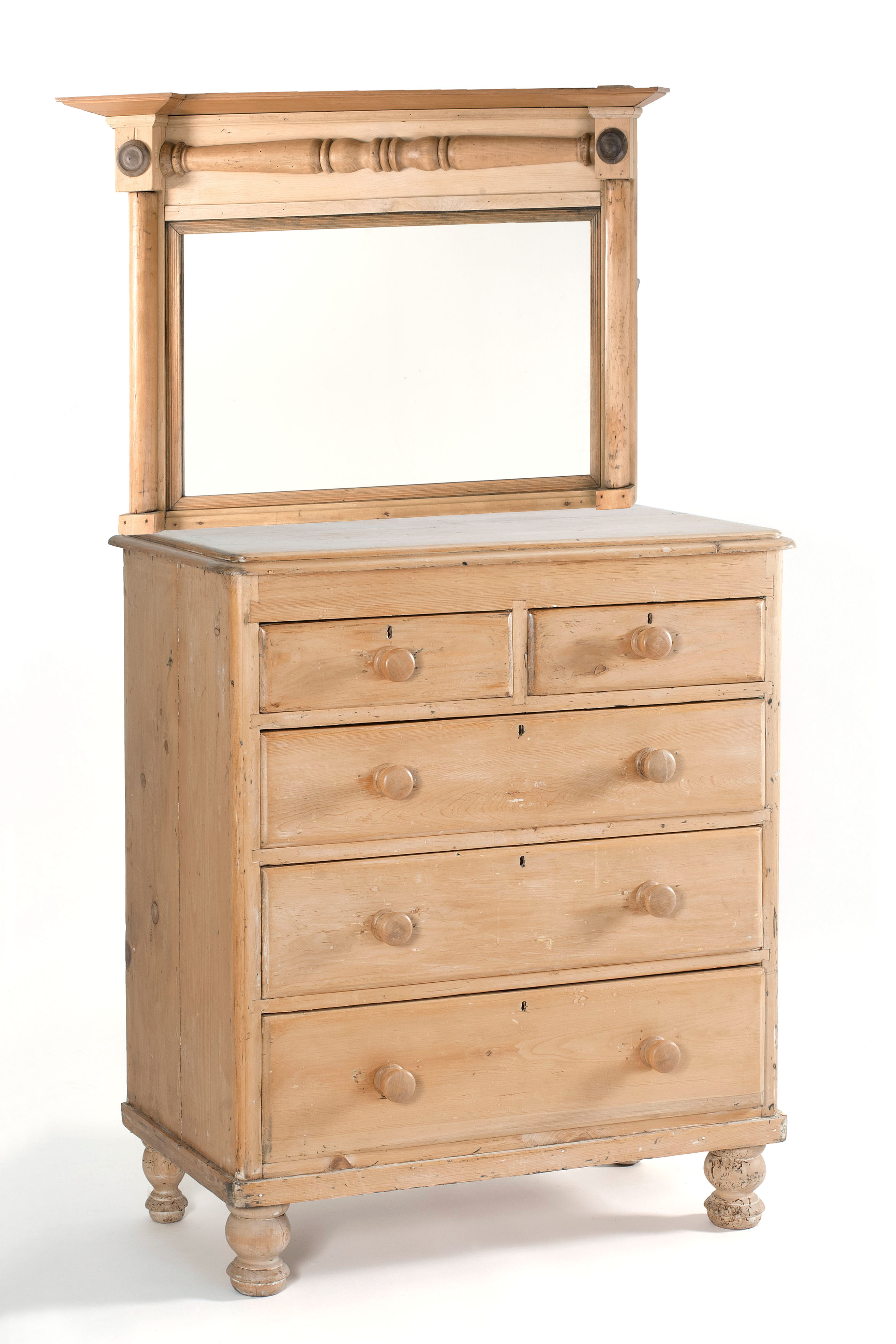 Appraisal: FIVE-DRAWER BUREAU in pine Together with a matching mirror with