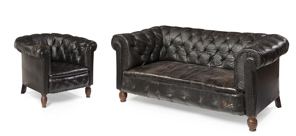 Appraisal: LEATHER UPHOLSTERED CHESTERFIELD SOFA AND ARMCHAIR EARLY TH CENTURY each