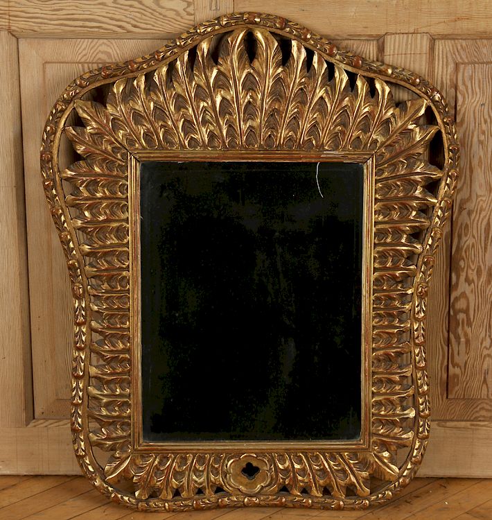 Appraisal: GILT FEATHER CARVED FANTASY MIRROR SIGNED JANSEN A gilt and