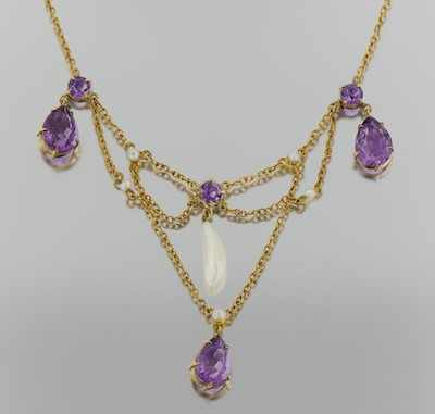 Appraisal: A Victorian Style Swag Amethyst and Pearl Necklace Tested k