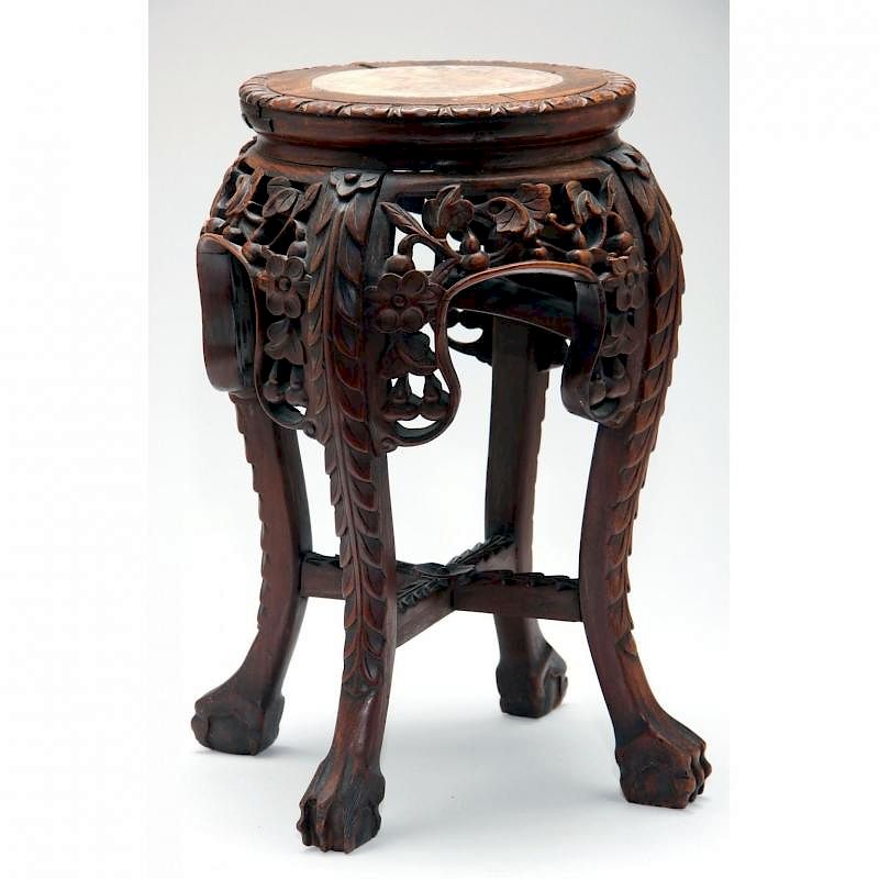 Appraisal: Chinese Hardwood Stand with Marble Top early th century carved