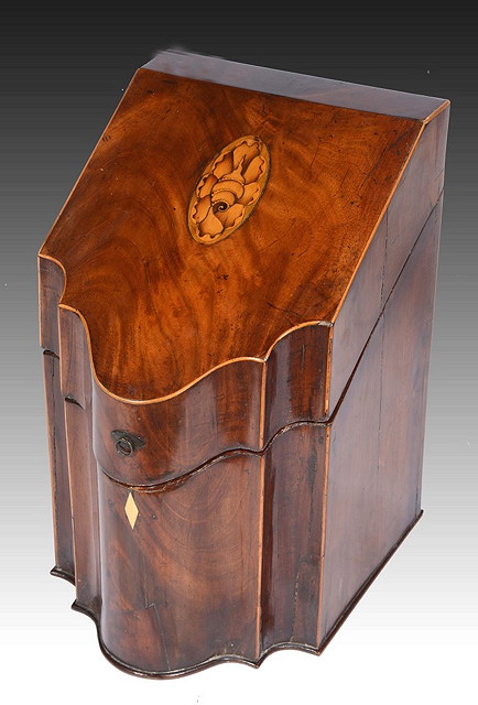 Appraisal: A GEORGE III MAHOGANY AND INLAID KNIFE BOX with converted