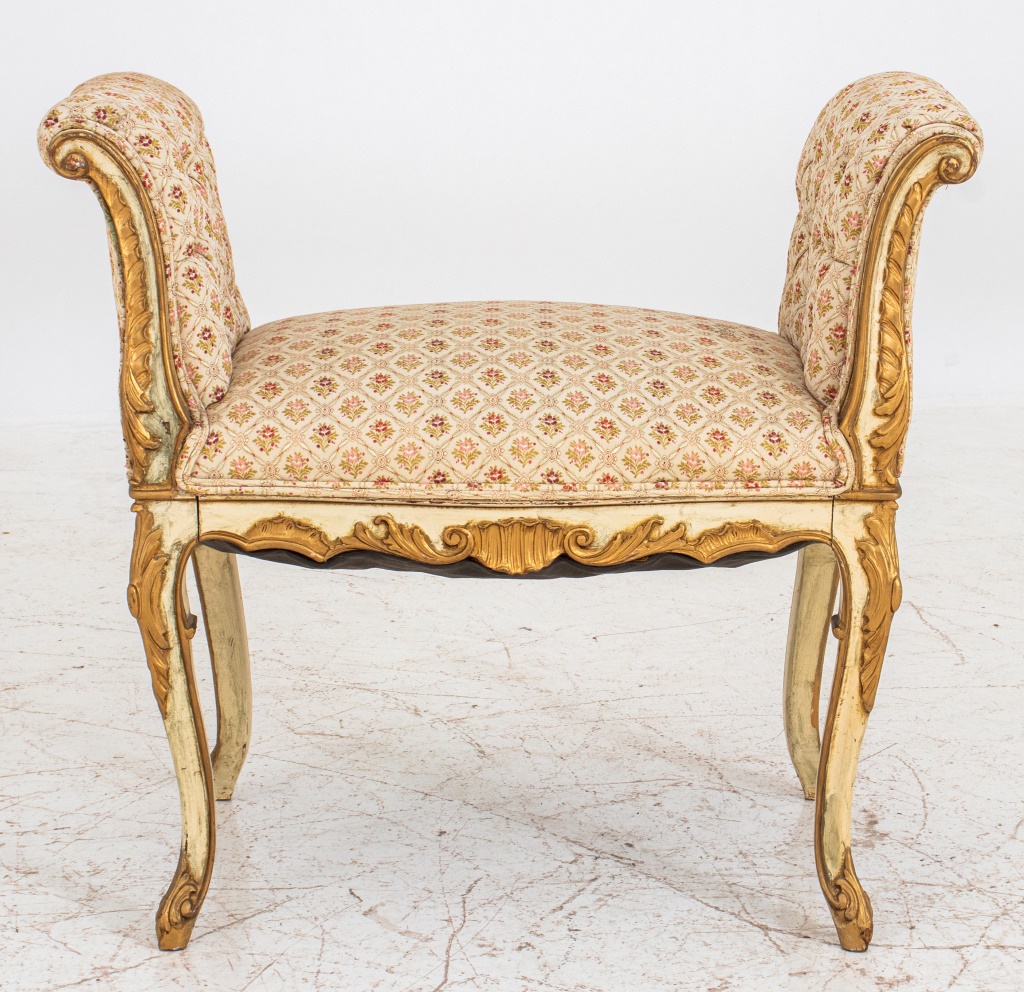 Appraisal: VENETIAN ROCOCO STYLE PARCEL GILT WHITE BENCH Venetian Rococo style