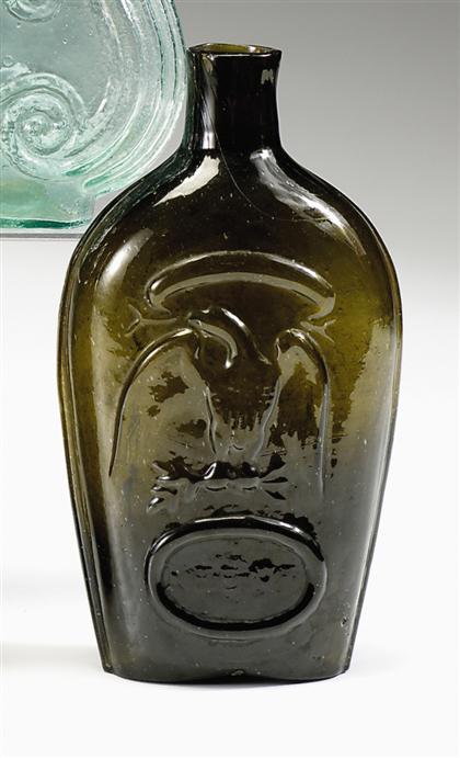 Appraisal: Mold-blown green glass flask keene new hampshire A rectangular bodied