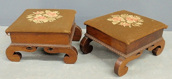 Appraisal: - Pair of empire mahogany footstools with floral needlepoint tops