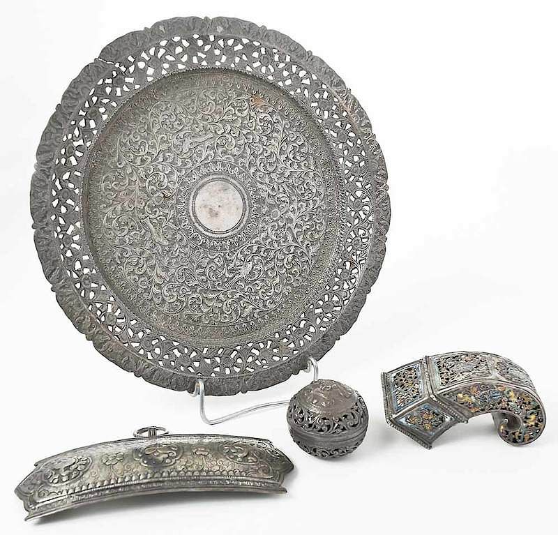 Appraisal: Four Asian Silver Items including openwork and enamel hair ornament