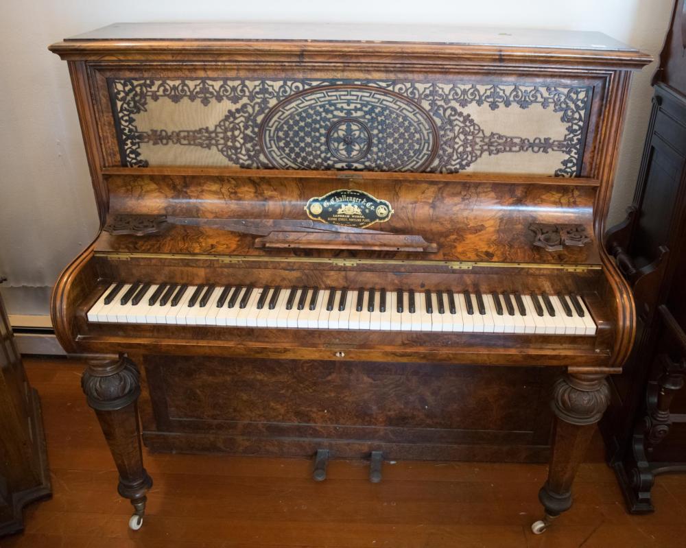 Appraisal: VICTORIAN BURL WALNUT COTTAGE PIANO George Challengere Co London England