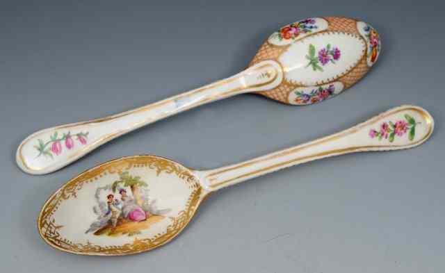 Appraisal: TWO PAIRS OF MEISSEN PORCELAIN SPOONS each painted with fete