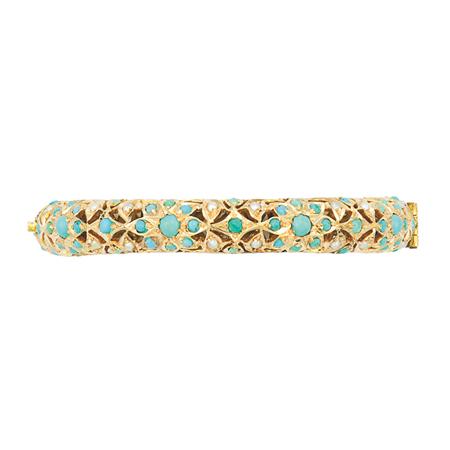 Appraisal: Gold Turquoise and Split Pearl Bangle Bracelet Estimate -