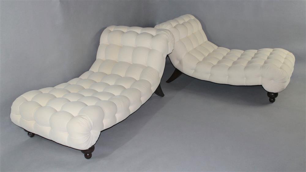 Appraisal: PAIR OF CREAM VELVET-UPHOLSTERED BUTTON-TUFTED CONTEMPORARY CHAISE LOUNGES of unusual