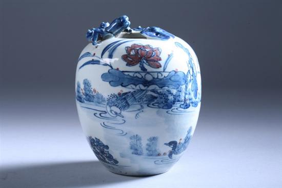 Appraisal: CHINESE COPPER RED AND BLUE PORCELAIN JAR Ovoid-form applied qilin