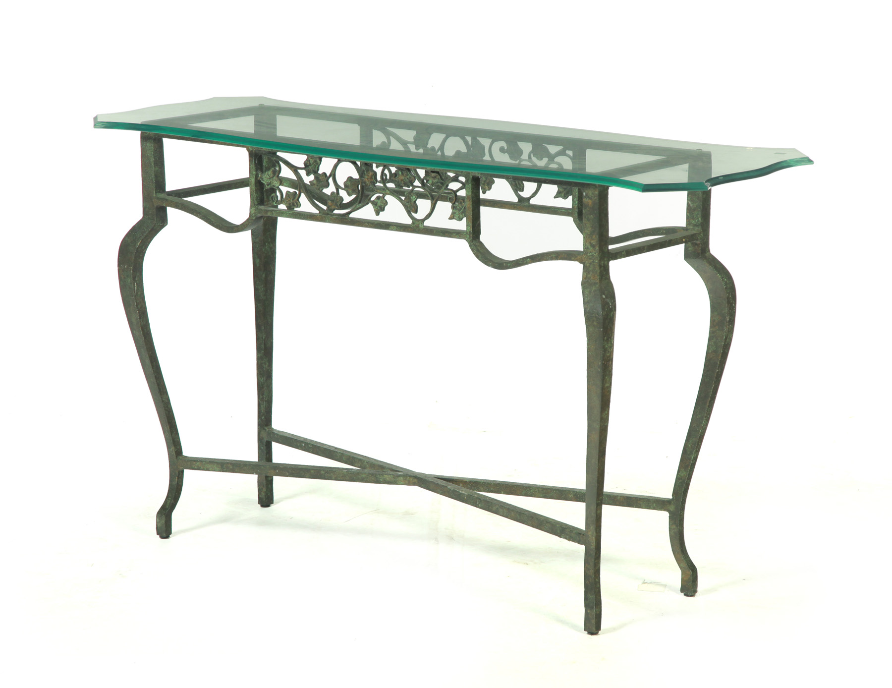 Appraisal: CONTEMPORARY IRON SOFA TABLE Scalloped glass top with beveled edge