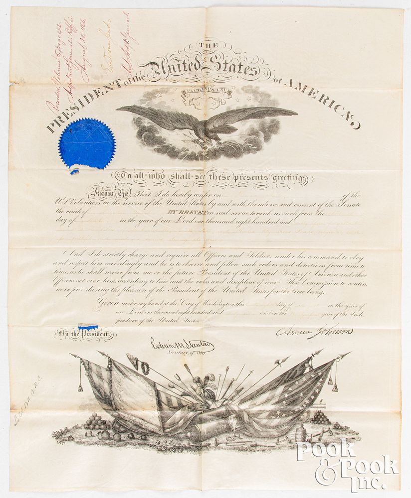 Appraisal: Signed A Johnson Presidential military promotion Signed Andrew Johnson Presidential