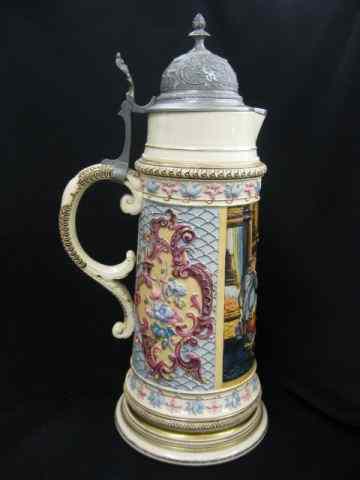 Appraisal: Large German Pottery Stein liter scene with gentleman caller talking