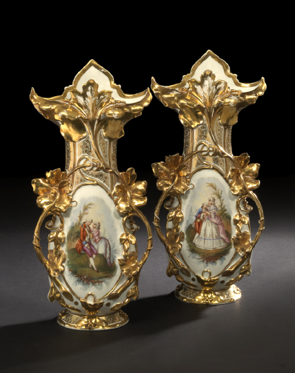 Appraisal: Large Pair of Franco-Bohemian Lavishly Gilded Porcelain Garniture Vases third