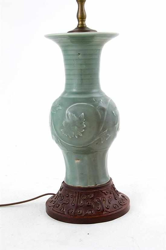 Appraisal: Chinese celadon vase converted to lamp th th century floral