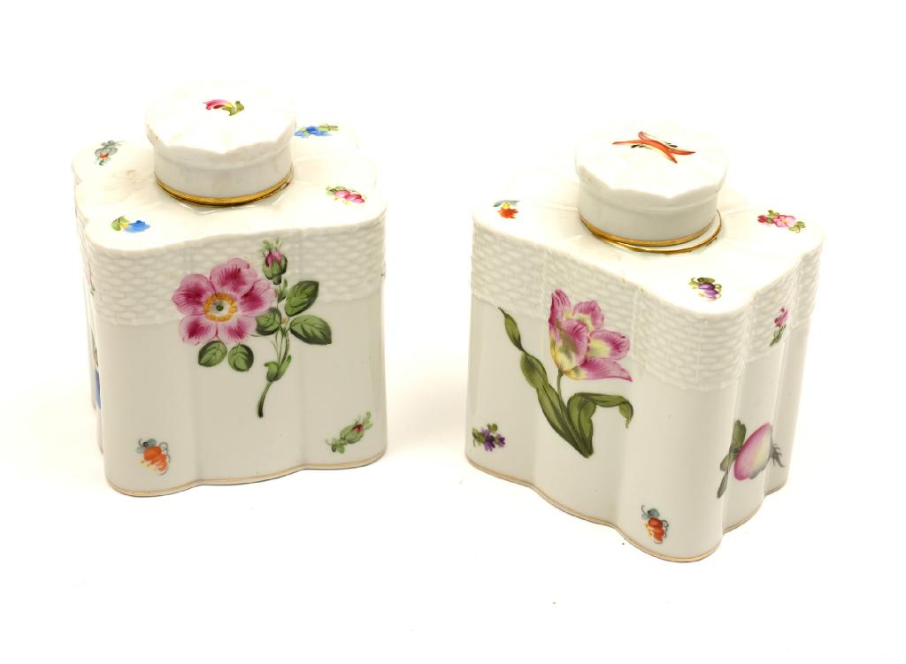 Appraisal: PAIR OF HEREND PORCELAIN CADDIES each of shaped rectangular form