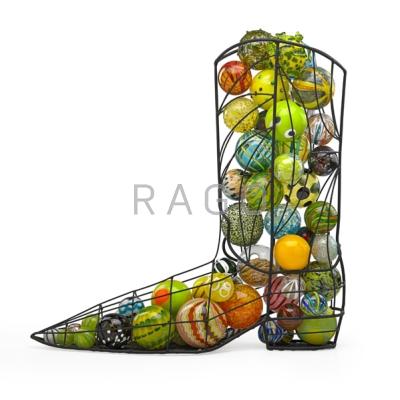 Appraisal: GINNY RUFFNER b Sculpture glass balls in cowboy boot-shaped cage