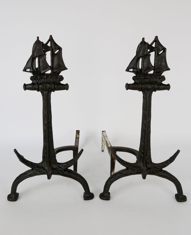 Appraisal: Pair of Vintage Cast Iron Ship and Anchor Andirons Pair