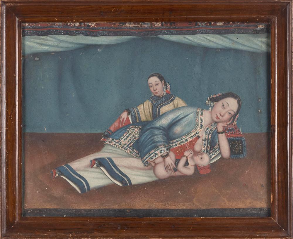 Appraisal: CHINESE SCHOOL TH CENTURY INTERIOR SCENE WITH TWO WOMEN ONE