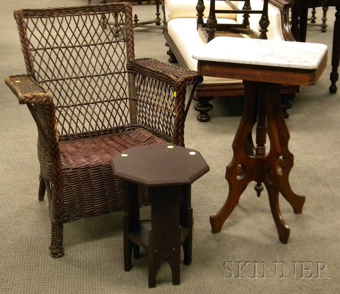 Appraisal: Woven Wicker Armchair Brown-painted Wooden Tabouret and a Victorian White