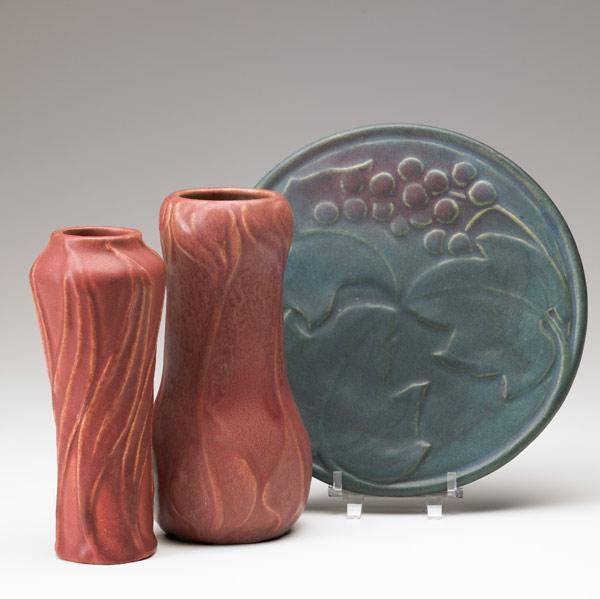 Appraisal: VAN BRIGGLE Two vases and a plate - the vases