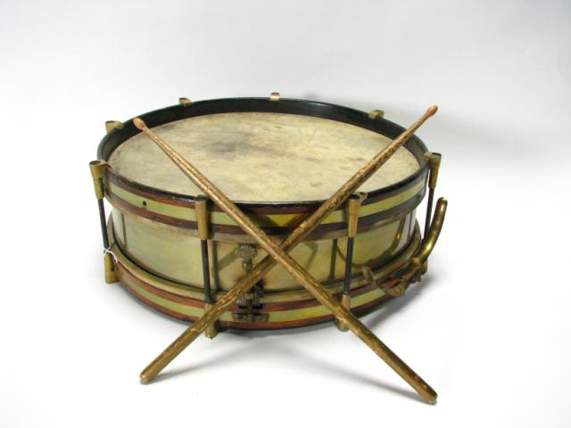 Appraisal: Antique wood and brass snare drum with pencil drum sticks