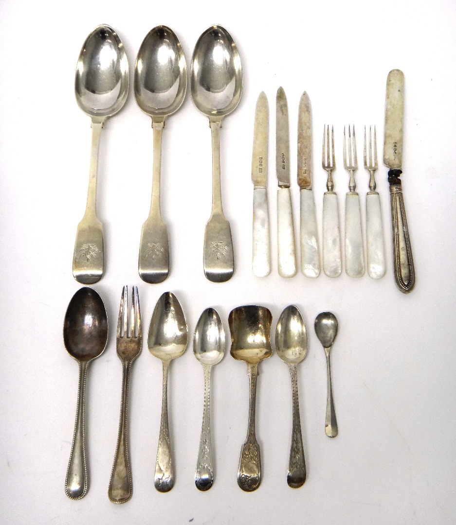 Appraisal: Silver and plated flatware including three fiddle pattern tablespoons engraved