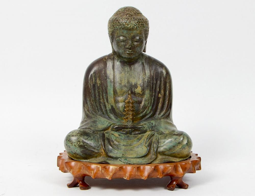 Appraisal: PATINATED BRONZE OF A SEATED BUDDHA Modern Green patina on