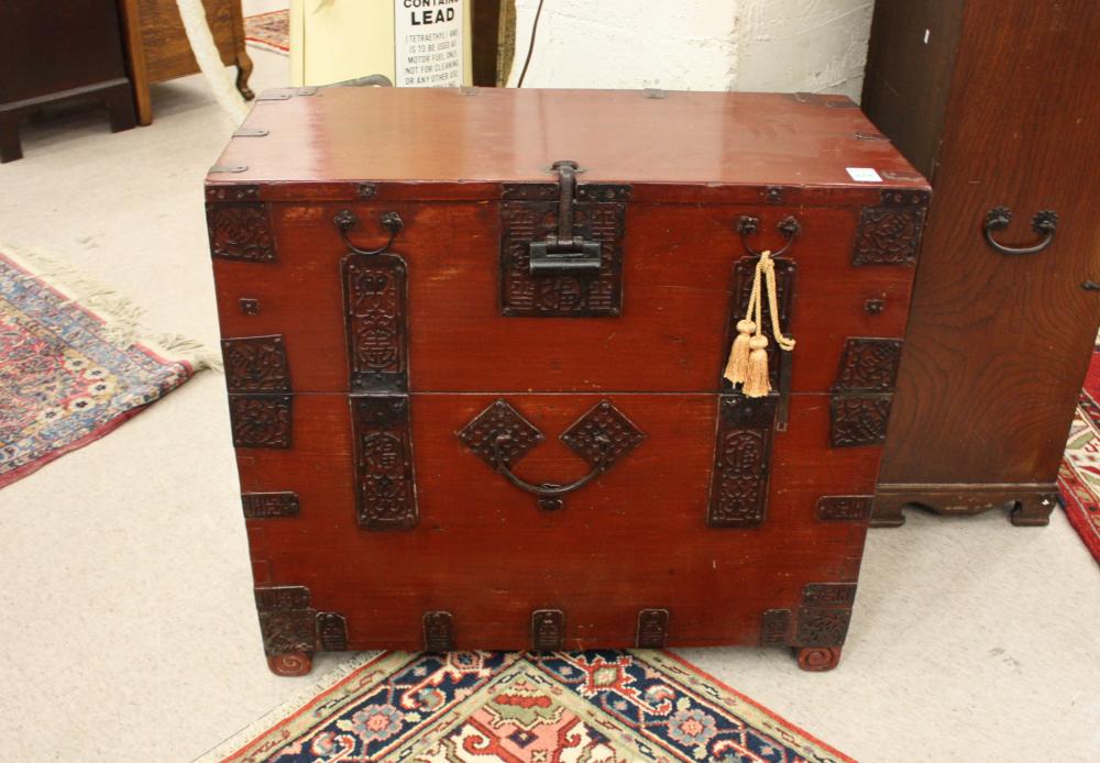 Appraisal: KOREAN DROP-FRONT 'BANDAJI' BLANKET CHEST red stain finish with pierced