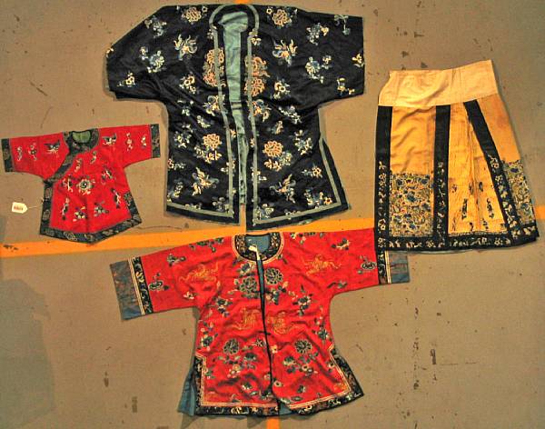 Appraisal: Seven Chinese embroidered silk garments th and th Century Including