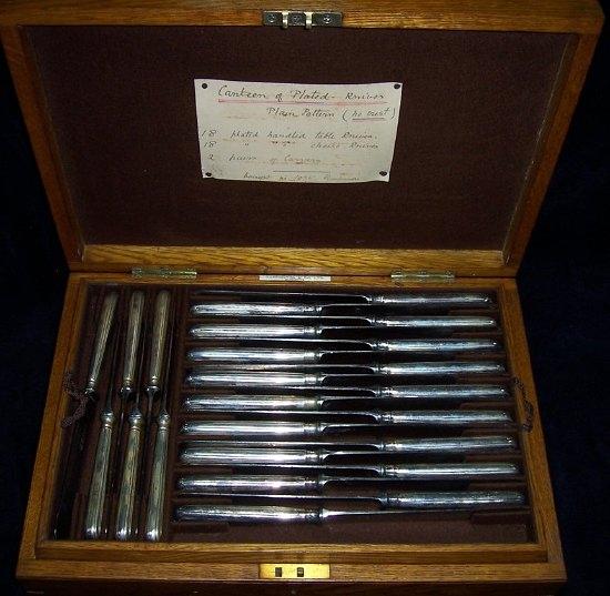 Appraisal: A canteen of silver plated knives comprising table knives side