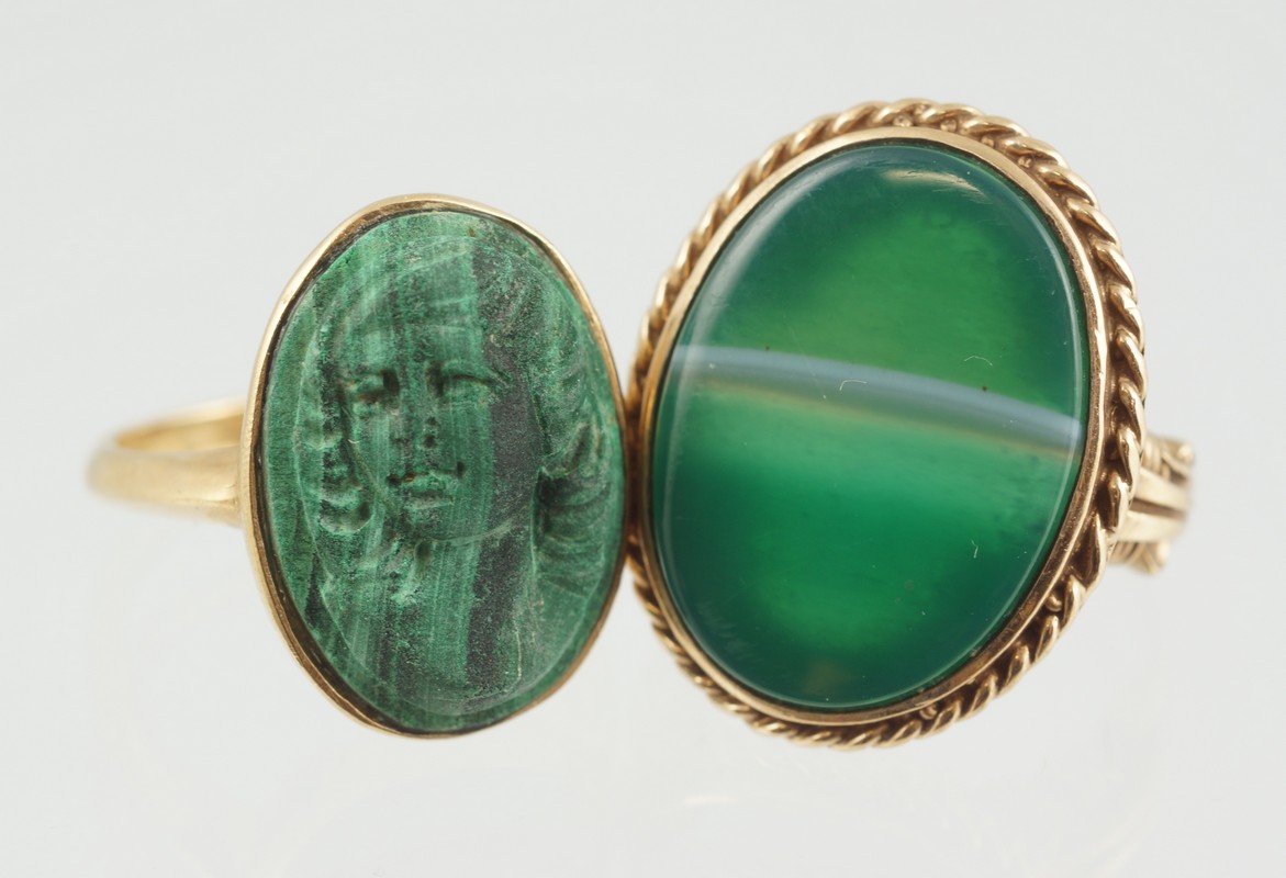 Appraisal: K YG rings carved malachite cameo size banded green agate