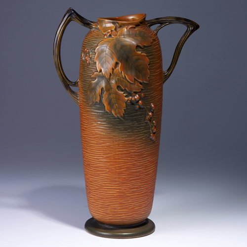 Appraisal: ROSEVILLE Brown Bushberry vase - Touch-up to one berry Raised