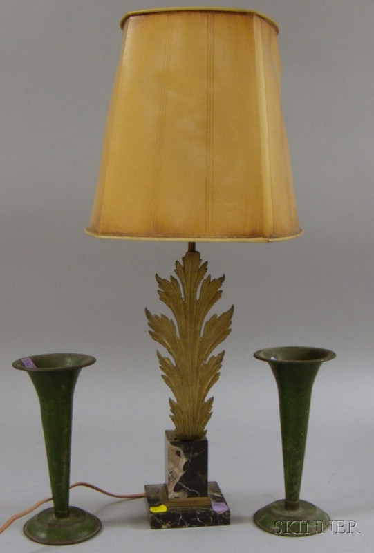 Appraisal: Brass Acanthus Leaf Table Lamp and a Pair of Green-painted