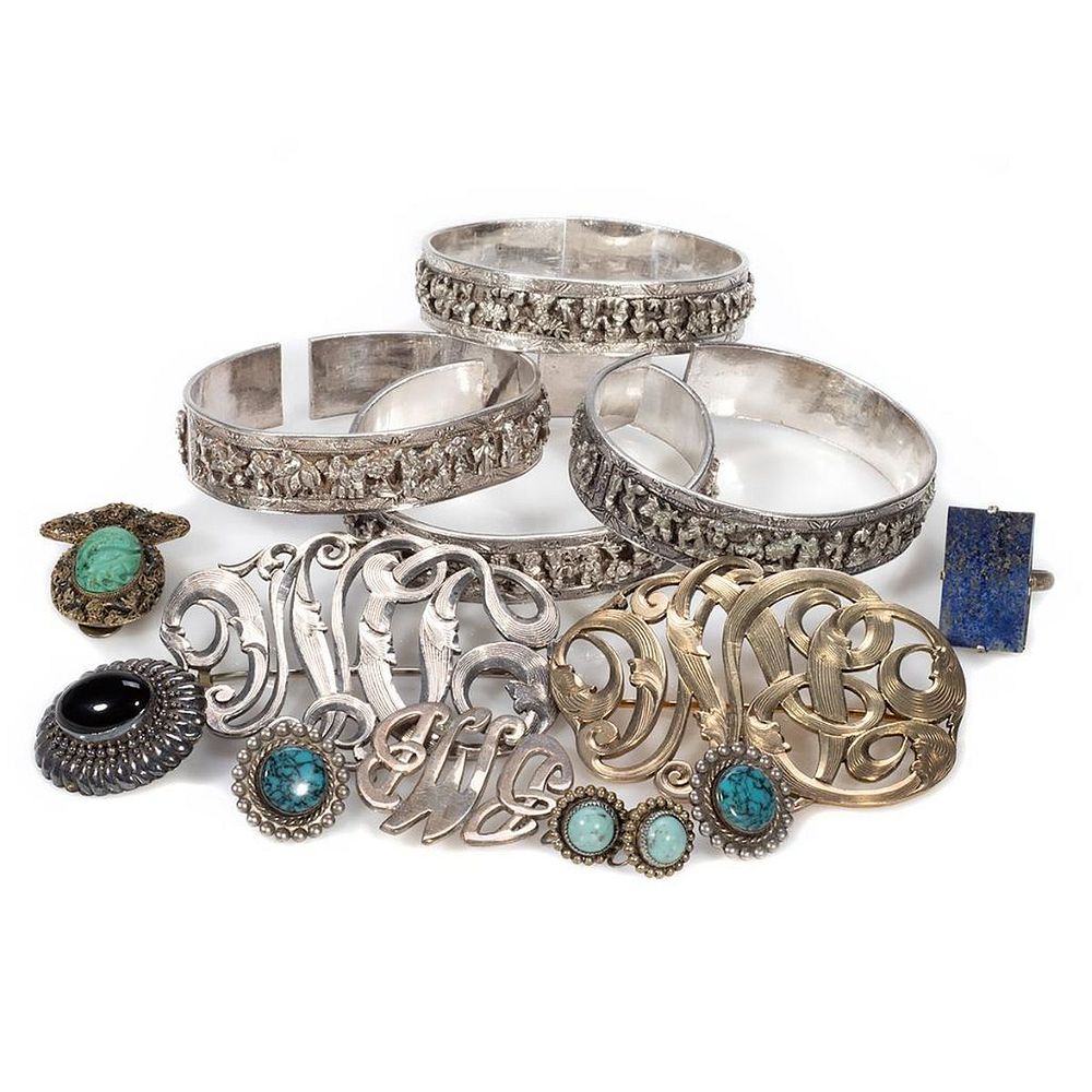 Appraisal: Collection of silver jewelry composed of bracelets brooches clip pairs