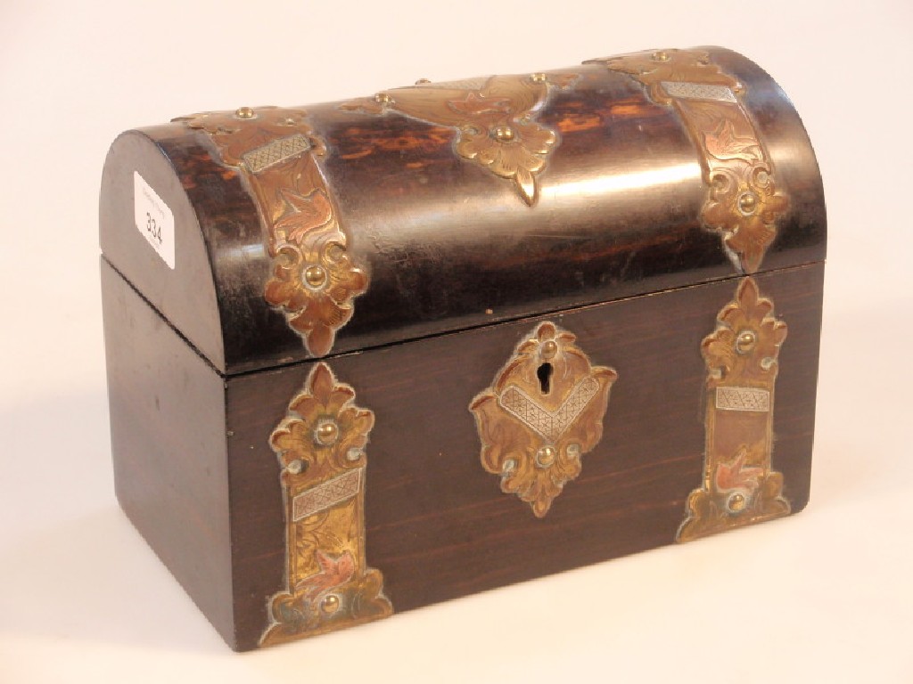 Appraisal: A thC coromandel domed topped casket with ornamental brass copper