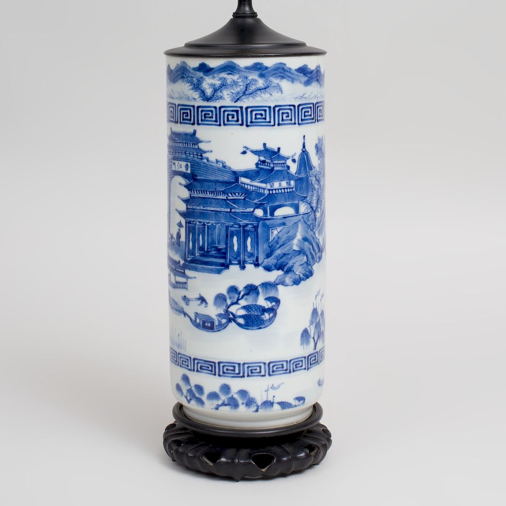 Appraisal: Chinese Blue and White Porcelain Cylindrical Vase Mounted as a