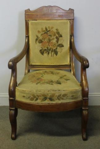 Appraisal: Regency Brass Inlaid Needlepoint UpholsteredArm Chair A beautiful chair From