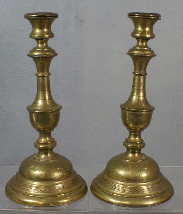 Appraisal: Pr engraved brass Judaica Shabbat candlesticks signed Jakubowski Jarra Polish