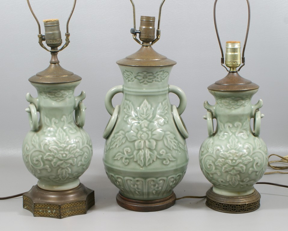 Appraisal: Chinese Celadon Vases mounted as lamps largest vase approx high