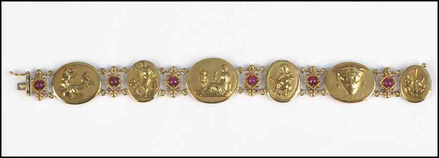 Appraisal: ITALIAN KARAT YELLOW GOLD AND RUBY CABOCHON BRACELET Length ''